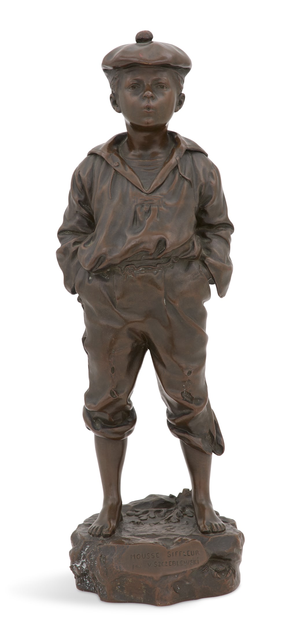 After Waclaw Szczublewski (Polish, 1888-1965): After Waclaw Bernard Szczublewski(Polish, 1888-1965)"Mousse Siffleur - the Whistler"patinated bronzecast signature and titled at back.h. 17-1/2", w. 5-1/4", d. 6" Provenance: The Estate of Kenneth Abs