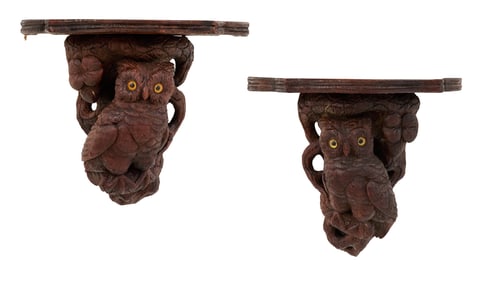 Pair of Black Forest Carved Wooden Wall Brackets