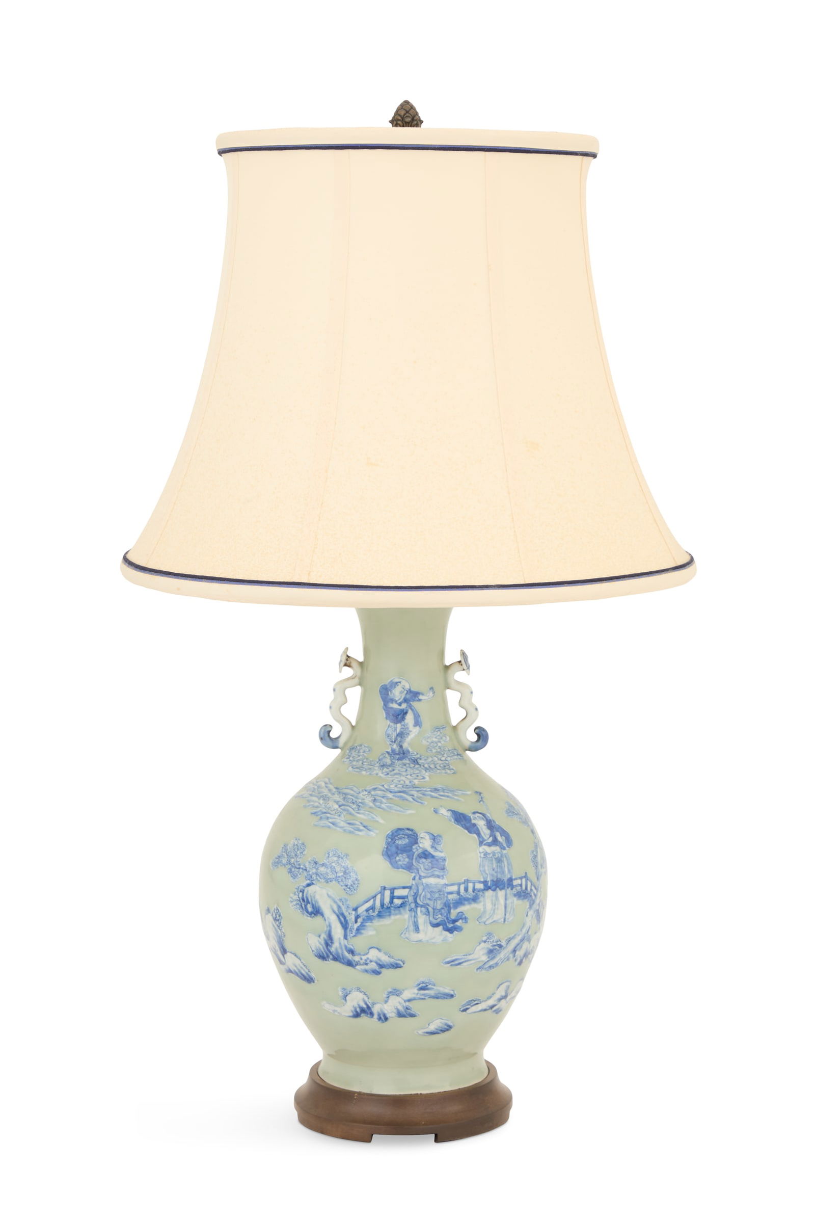 Chinese Porcelain Bottle Vase Lamp: Chinese Porcelain Bottle Vase Lamp20th century, the vase with unusual ruyi-form handles, decorated with blue-and-white pilgrims in landscapes on a celadon ground, presented on a wooden base and fitted