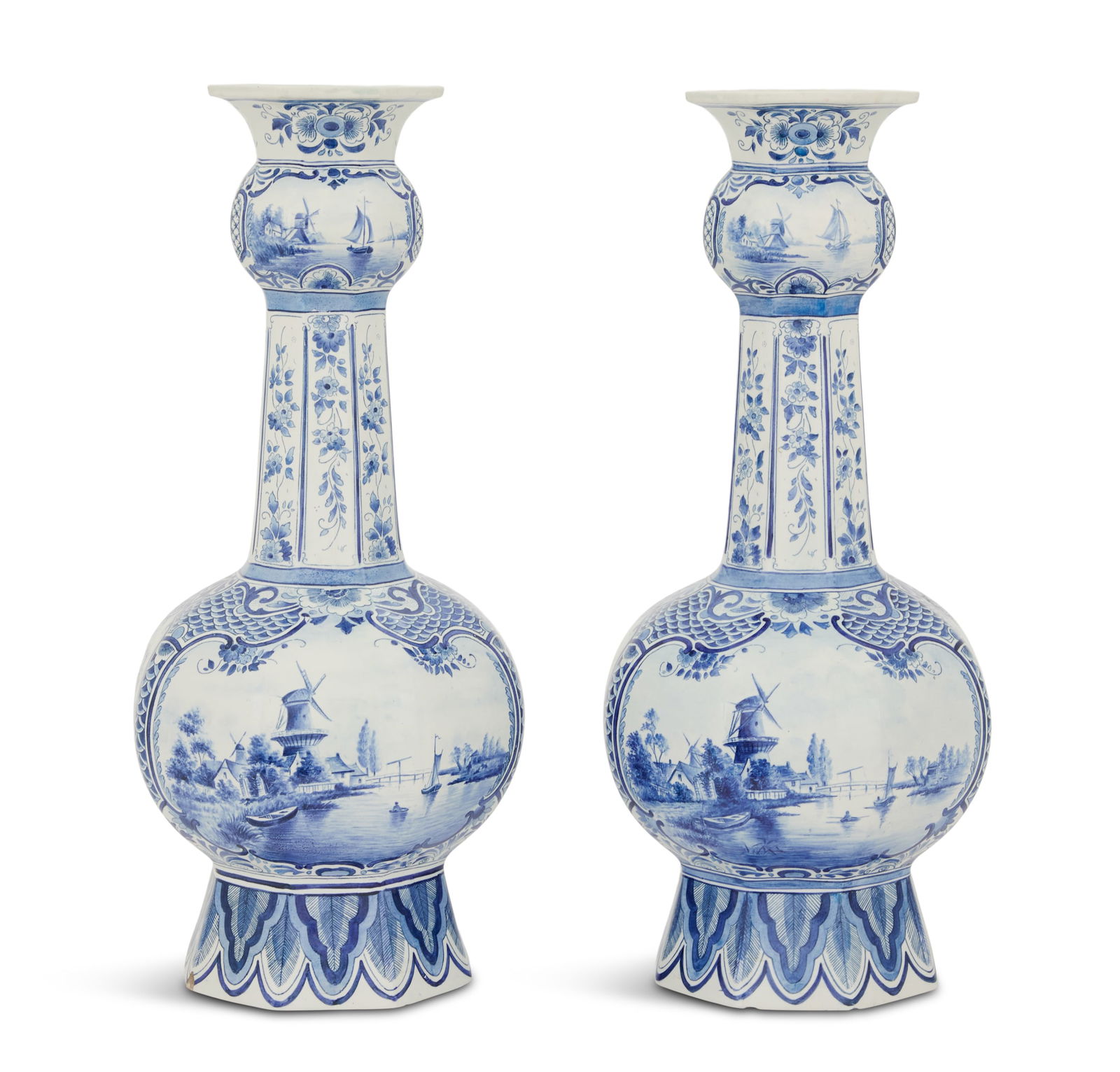 Pair of Large Dutch Delft Bottle Vases: Pair of Large Dutch Delft Bottle Vaseslate 19th century, decorated with windmills and harbor scenes, with foliate trim, marked "Delft" and with impressed numbers, one with a partial paper label.h. 21-