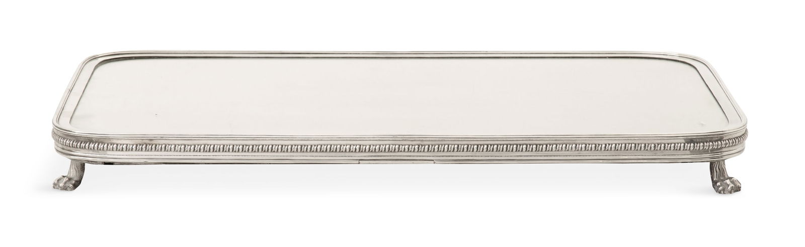Edwardian Silverplate Plateau: Edwardian Silverplate Plateaufirst quarter 20th century, of rounded rectangular form, the gadrooned and molded rim around a wood base, raised on four lion's-paw feet and fitted with a conforming mirro