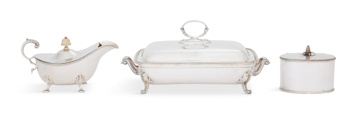 English Beaded-Border Silverplate Tableware