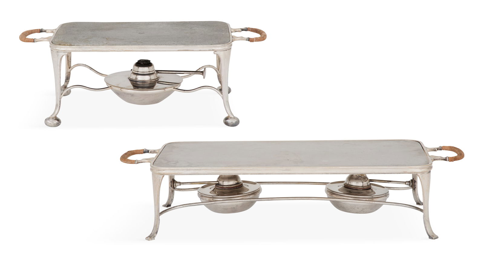 Two English Silverplate Warming Stands: Two English Silverplate Warming Standsfirst quarter 20th century, London, each of rounded rectangular form with wicker-wrapped handles, aluminum diffusing plate and raised on four legs joined by stret