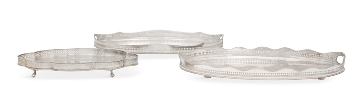 Three English Pierced Gallery Silverplate Trays
