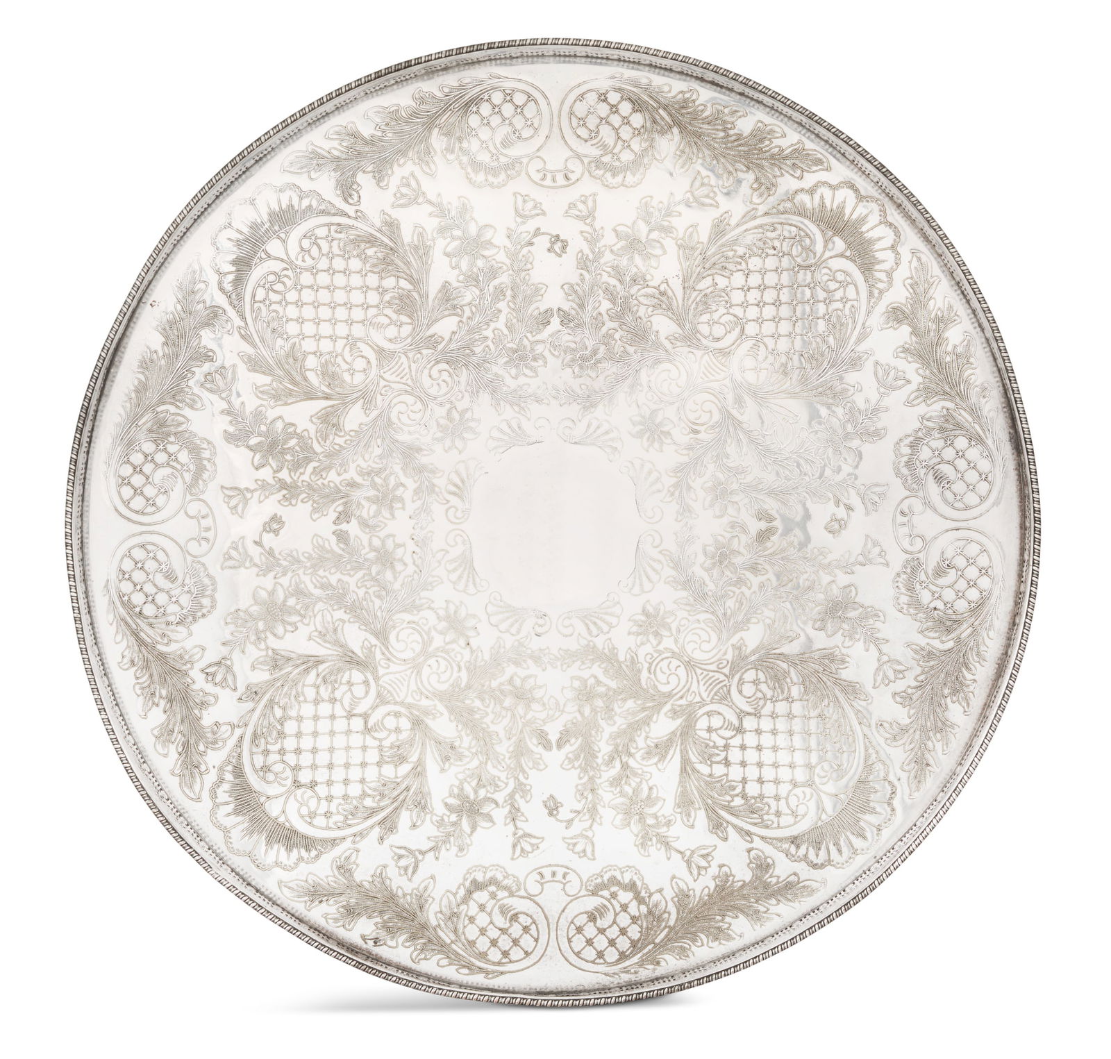 Large English Silverplate Galleried Platter: Large English Silverplate Circular Galleried Platterfirst half 20th century, by Viners of Sheffield, with reticulated gallery and gadrooned rim, the plateau flat-chased with a wide band of scrolling a