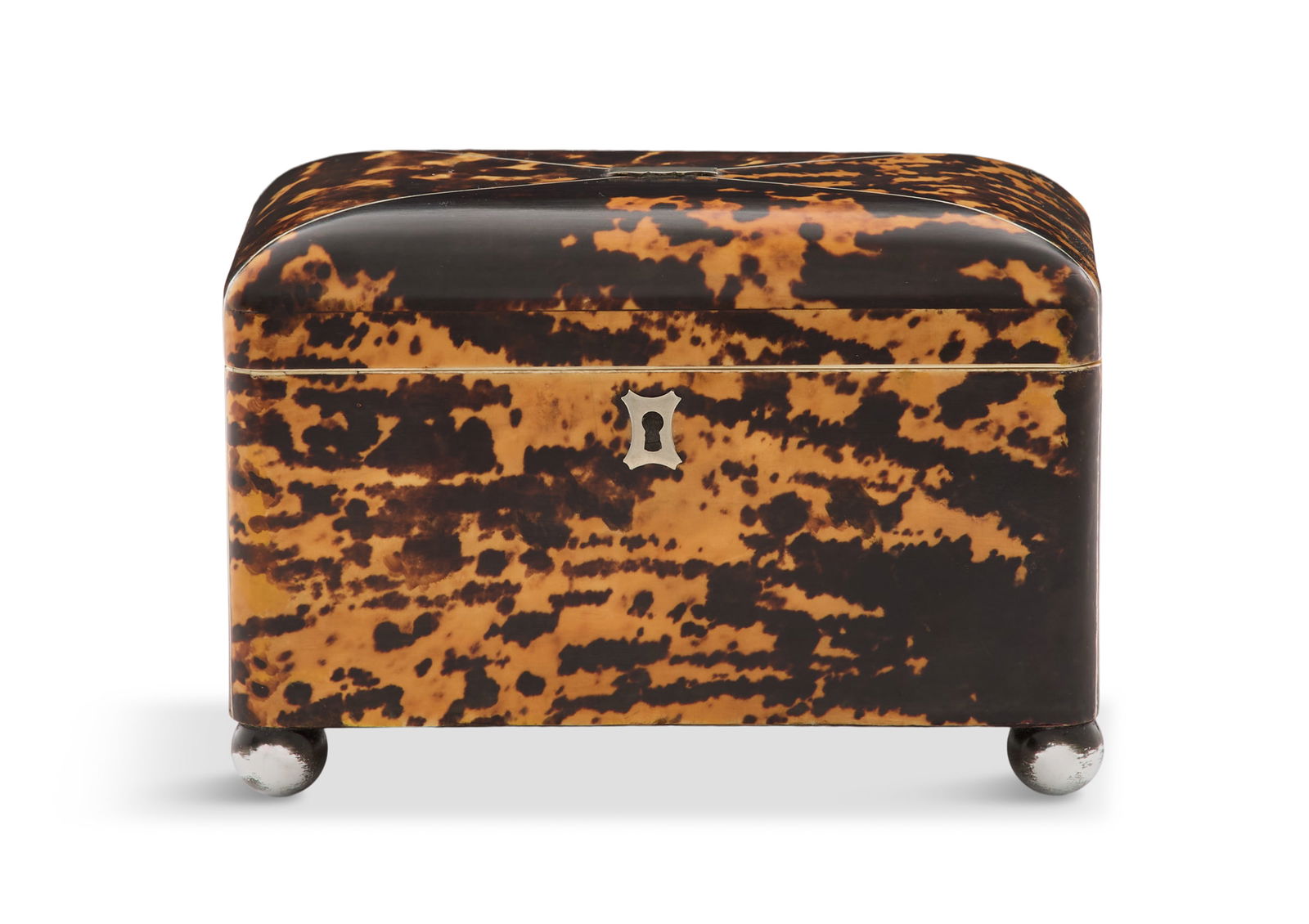 English Tea Caddy: English Tea Caddyca. 1840, with a segmented cover, the foil-lined two-compartment interior with covers.h. 4-1/2", w. 7", d. 4"