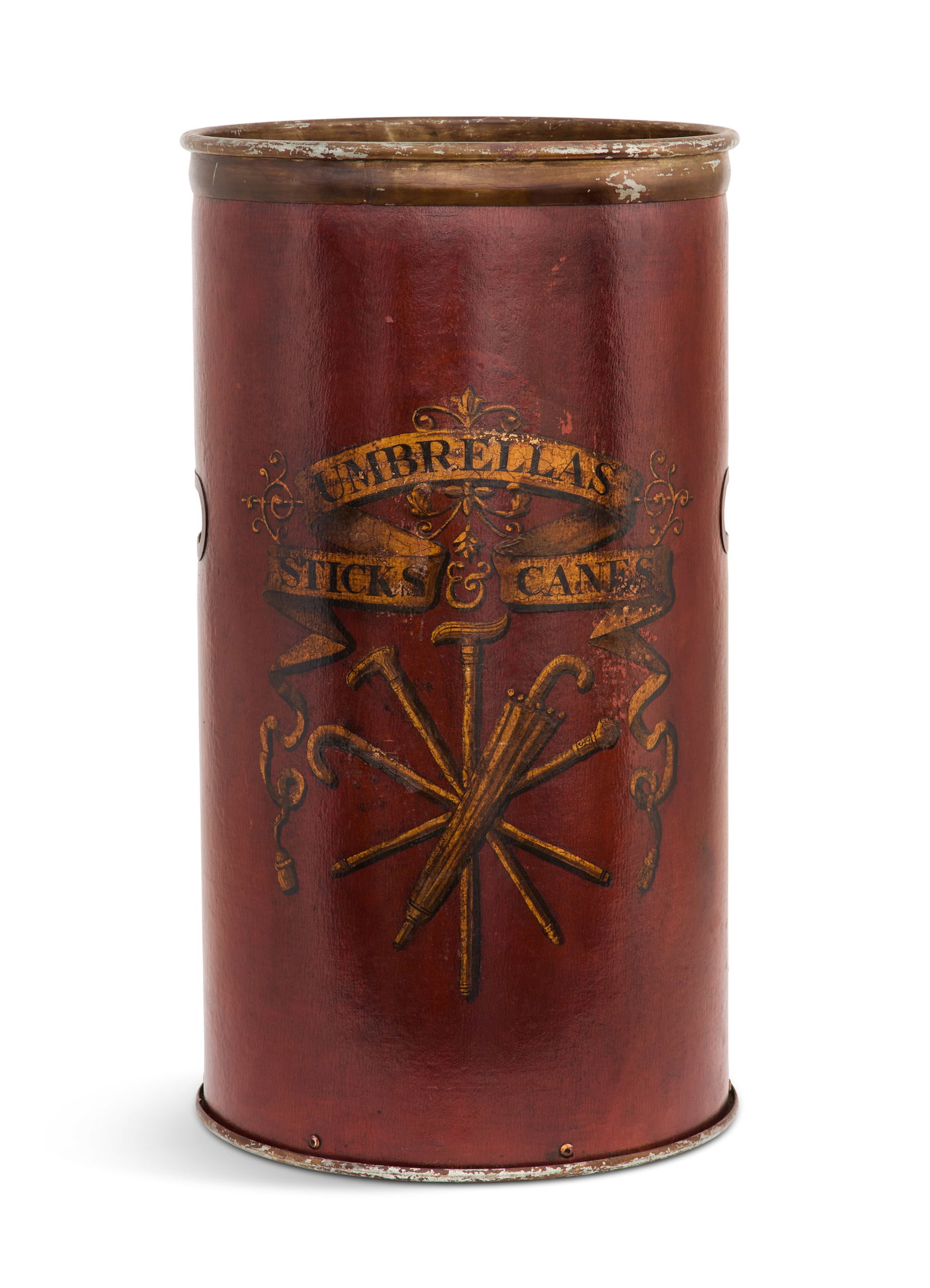 Painted and Brass-Plated Zinc Umbrella Stand: Painted and Brass-Plated Zinc Umbrella Stand20th century, the red-painted fiberboard with gilt decoration, marked and inscribed "Umbrellas, Sticks & Canes".h. 26-1/4", dia. 14-1/2"
