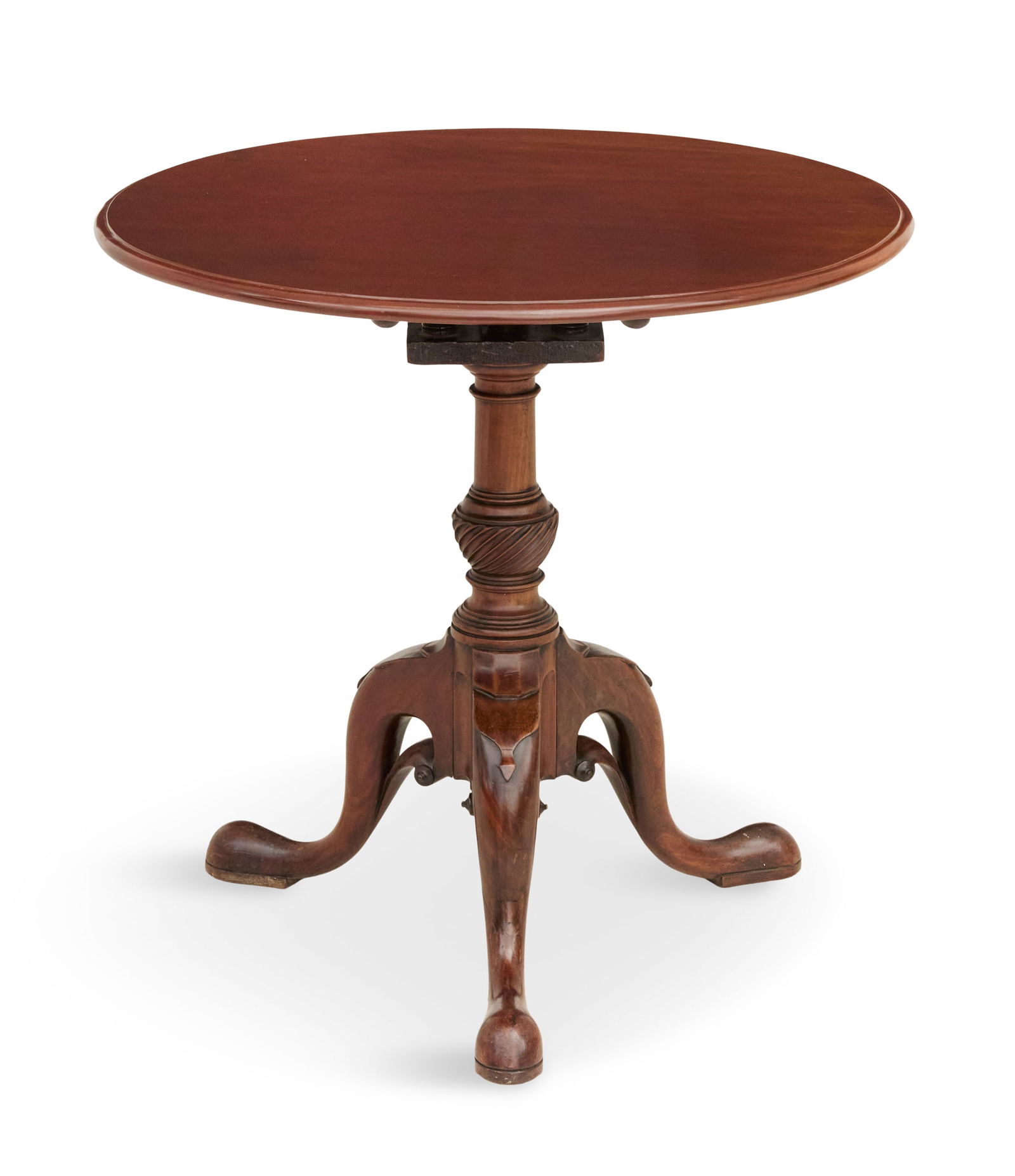 George III-Style Mahogany Tripod Table: George III-Style Mahogany Tripod Table19th century, the tilting circular top with a molded edge, raised on a birdcage support on a turned and spiral-fluted standard, to three splayed and pierced legs