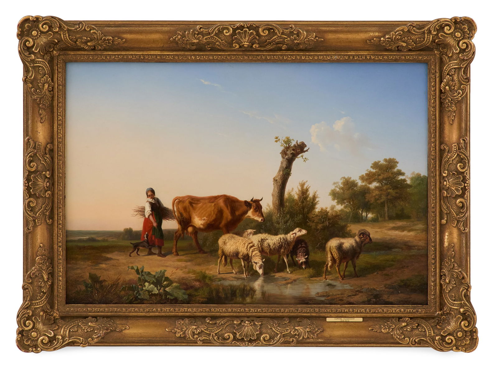Edmond Tschaggeny (Belgian, 1818-1873): † Edmond Tschaggeny(Belgian, 1818-1873)"Young Farmgirl with Animals"oil on canvassigned lower right.Framed.sight 20" x 29-1/2", framed 28" x 37"