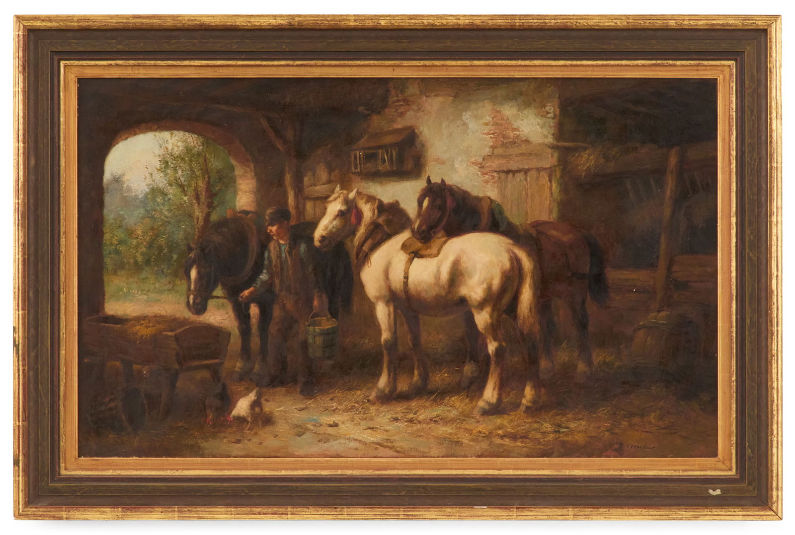 Cornelis Verschuur (Dutch, 1888-1966): Cornelis Verschuur(Dutch, 1888-1966)"The Stableboy and His Horses"oil on canvassigned lower right.Framed.23-1/2" x 39-1/2", framed 31" x 46-1/2"