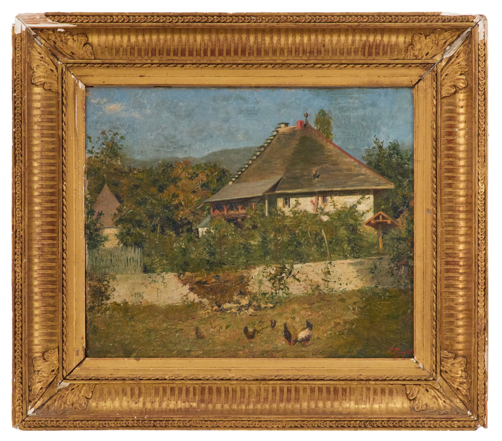 French School (19th Century): French School19th Century"Cottage with Chickens", 1895oil on canvassigned and dated "P. Pouget 95" lower right.Framed.15" x 18", framed 22-1/4" x 25-1/4" Provenance: Kevin Stone Antiques, The Col