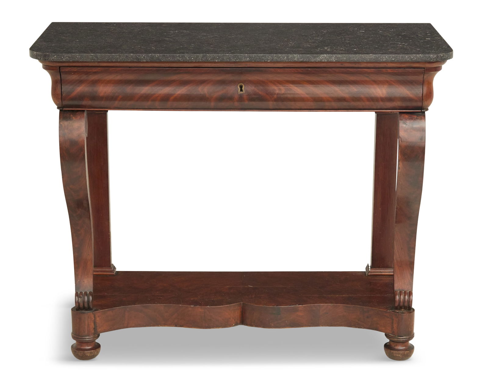 Late Regency Marble-Top Console Table: Late Regency Mahogany and Marble-Top Console Table19th century, the conforming gray marble top over an ogee-molded drawer, raised on scrolled legs to a shaped platform and turned feet.h. 36", w. 44-1/