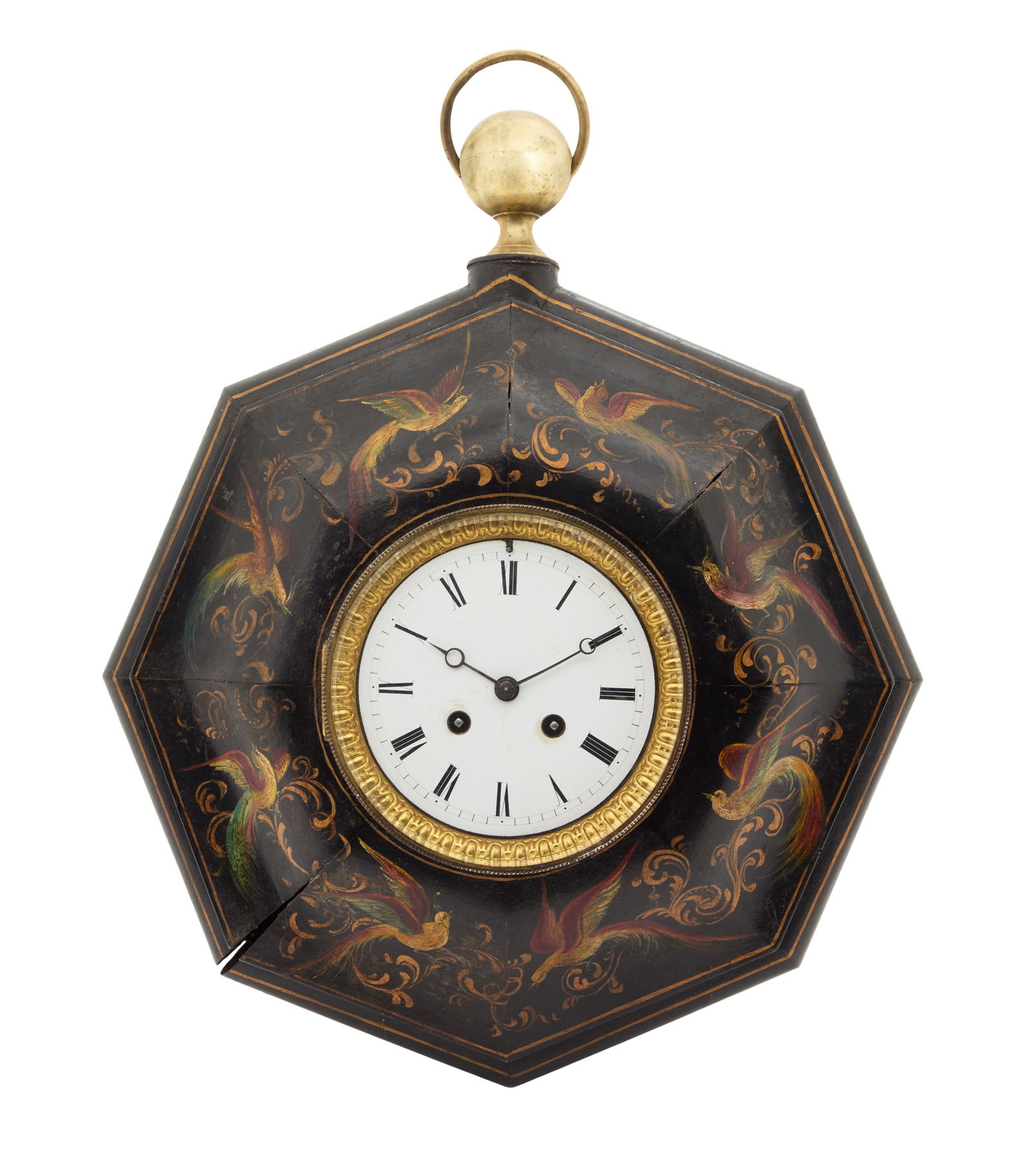 French Tole-Peinte Cartel Clock: French Tole-Peinte Cartel Clock 19th century, in the form of a pocket watch, decorated with phoenix birds and gilt scrollwork on an ogee surround, set with signed Japy Freres silk-string suspension