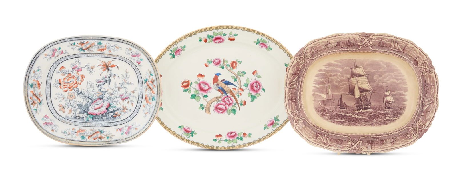 Collection of Three Pottery Platters: Collection of Three Pottery Platters early 20th century, including a transfer-printed and clobbered platter decorated with flowers, in the "Shanghae" pattern, attributed to T. Till & Son, w. 12-1/2",
