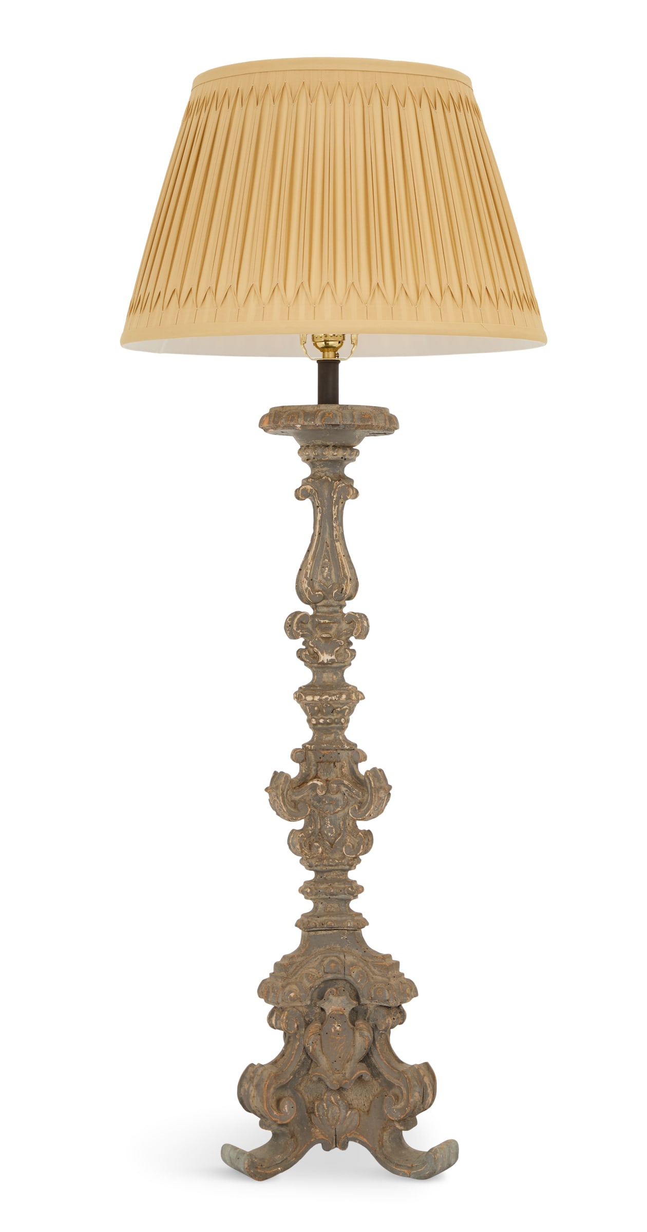 Carved and Painted Wooden Altar Stick Lamp: Carved and Painted Wooden Altar Stick Lamp 20th century, in the rococo taste, the candle support now mounted with lamp fittings and mounted atop the carved standard, decorated with scrollwork