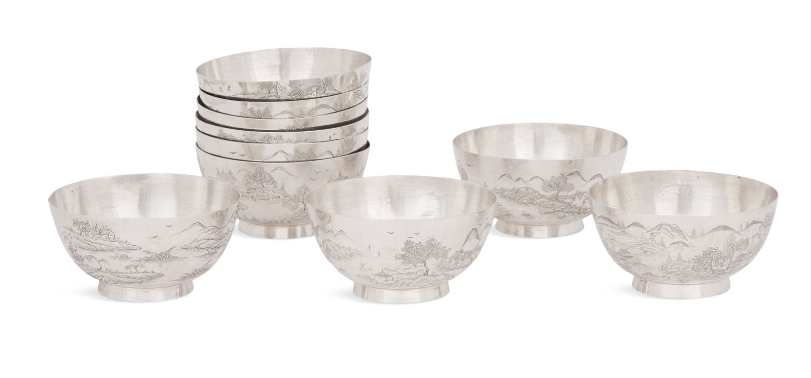 Set of Ten Chinese Silver Rice Bowls: Set of Ten Chinese Silver Rice Bowls20th century, each of hemispherical form with plain foot ring, decorated with engraved inscription, ideograms and riparian village scene.h. 2-1/4", dia. 4"; 41.92 t