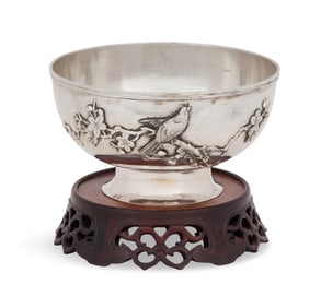 Chinese Silver Rice Bowl with Wood Base