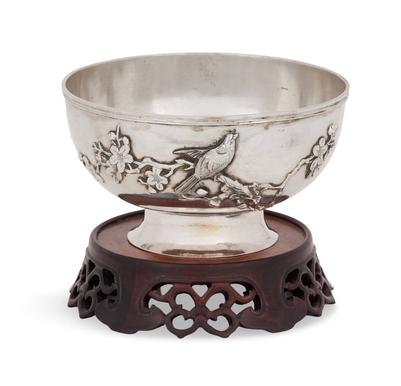 Chinese Silver Rice Bowl with Wood Base