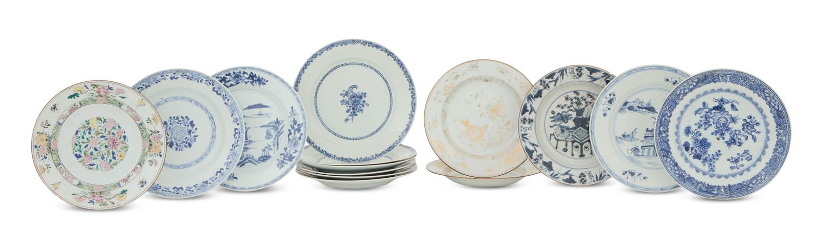 Fourteen Chinese Export Porcelain Plates: Fourteen Chinese Export Porcelain Plates17th/18th century, the collection including six blue-and-white plates decorated with cornucopia, a pair of gilt-and-white plates decorated with peonies, a Kangx