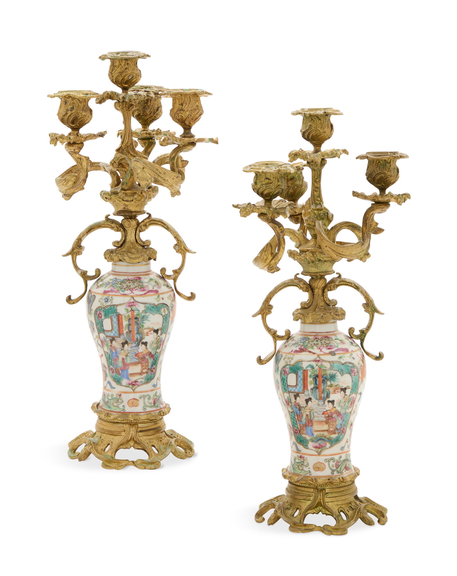 Pair of Bronze and Porcelain Candelabra: Pair of Chinese Bronze and Porcelain Candelabrathird quarter 18th century and later, the gilt-bronze molded sockets, bobeches and drip pans set into scrolled arms, mounted on Chienlung garniture vases