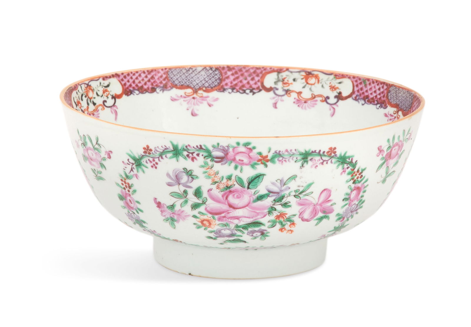 Chinese Export Famille Rose Porcelain Punch Bowl: Chinese Export Famille Rose Porcelain Punch Bowllate 18th century, decorated with pink diapered borders, the sides with floral bouquets framed with floral wreaths.h. 3-1/4", dia. 7-1/2" Provenance: Pr