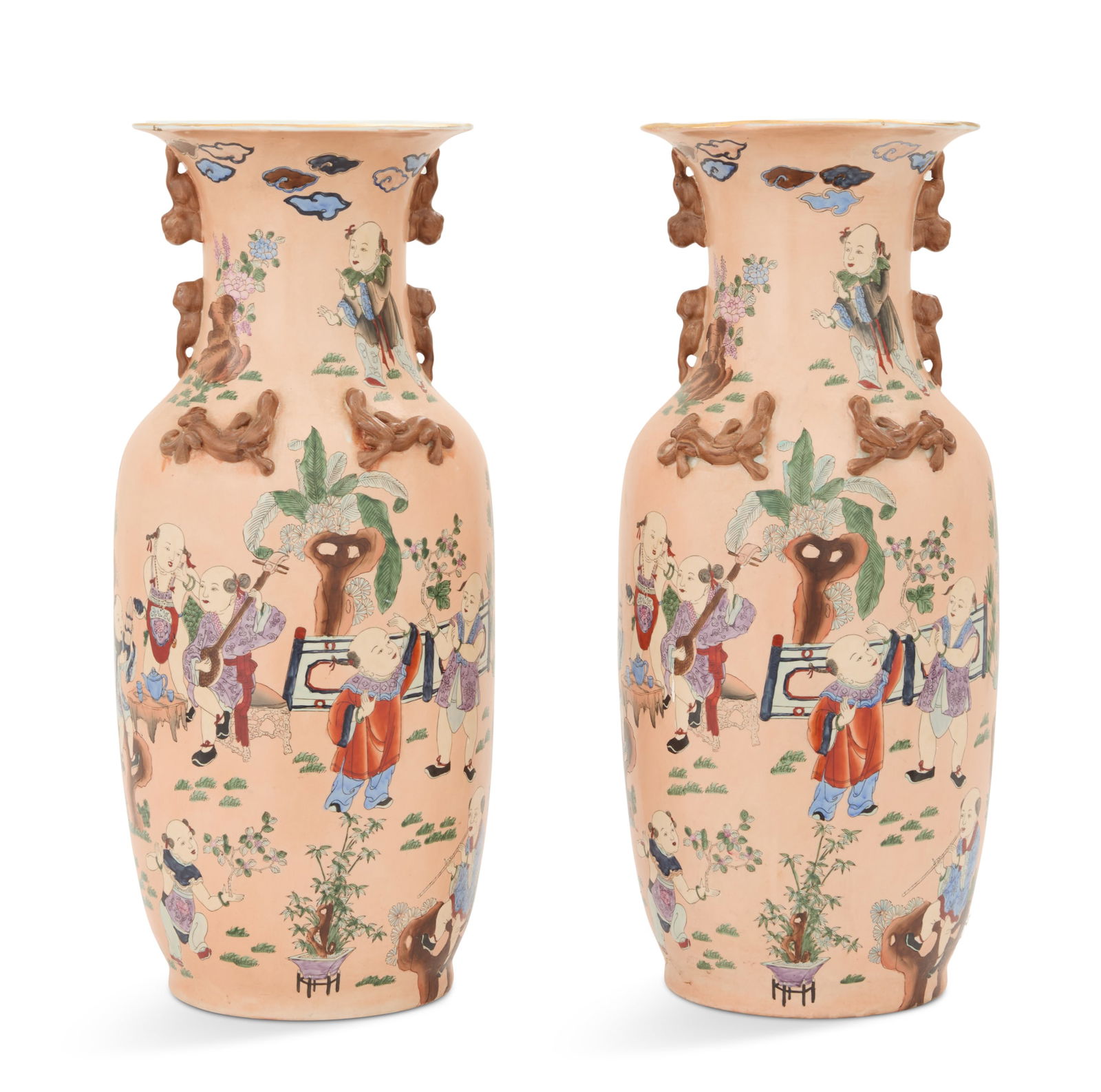 Pair of Large Chinese Export-Style Vases: Pair of Large Chinese Export-Style Porcelain Vasesthe vases decorated with children flying kites in a garden, on blush grounds, with brown foo dog handles and brown chameleons on the shoulders.h. 24",
