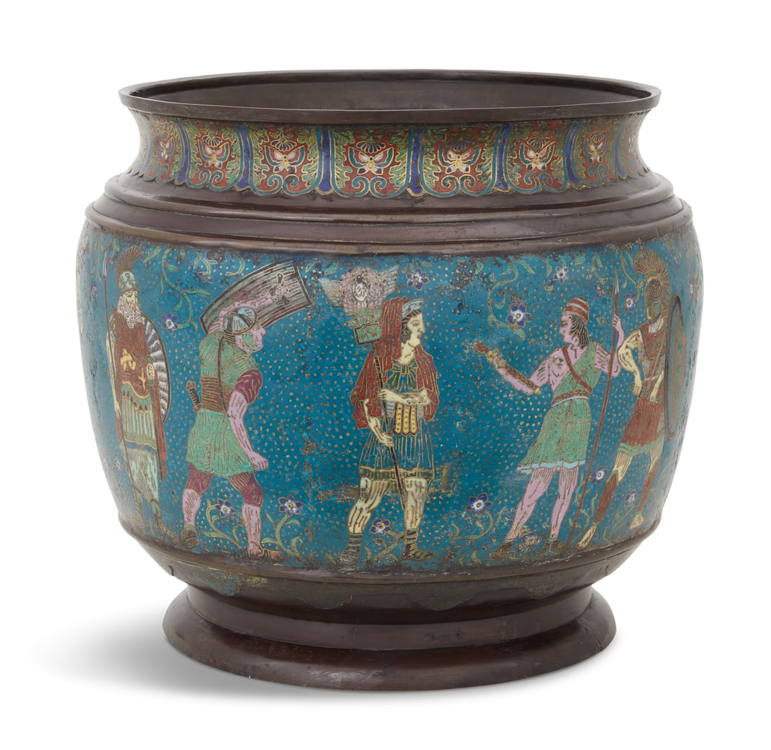 Unusual Chinese Cloisonne Jardiniere: Unusual Chinese Cloisonne Jardiniereca. 1900, the applied rim with panels decorated with butterflies and scrollwork, the body with warriors and centurions in Greco-Roman-style garb on a turquoise grou