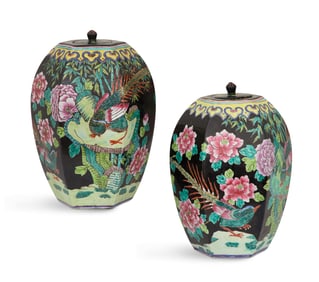 Pair of Chinese Export Porcelain Covered Urns
