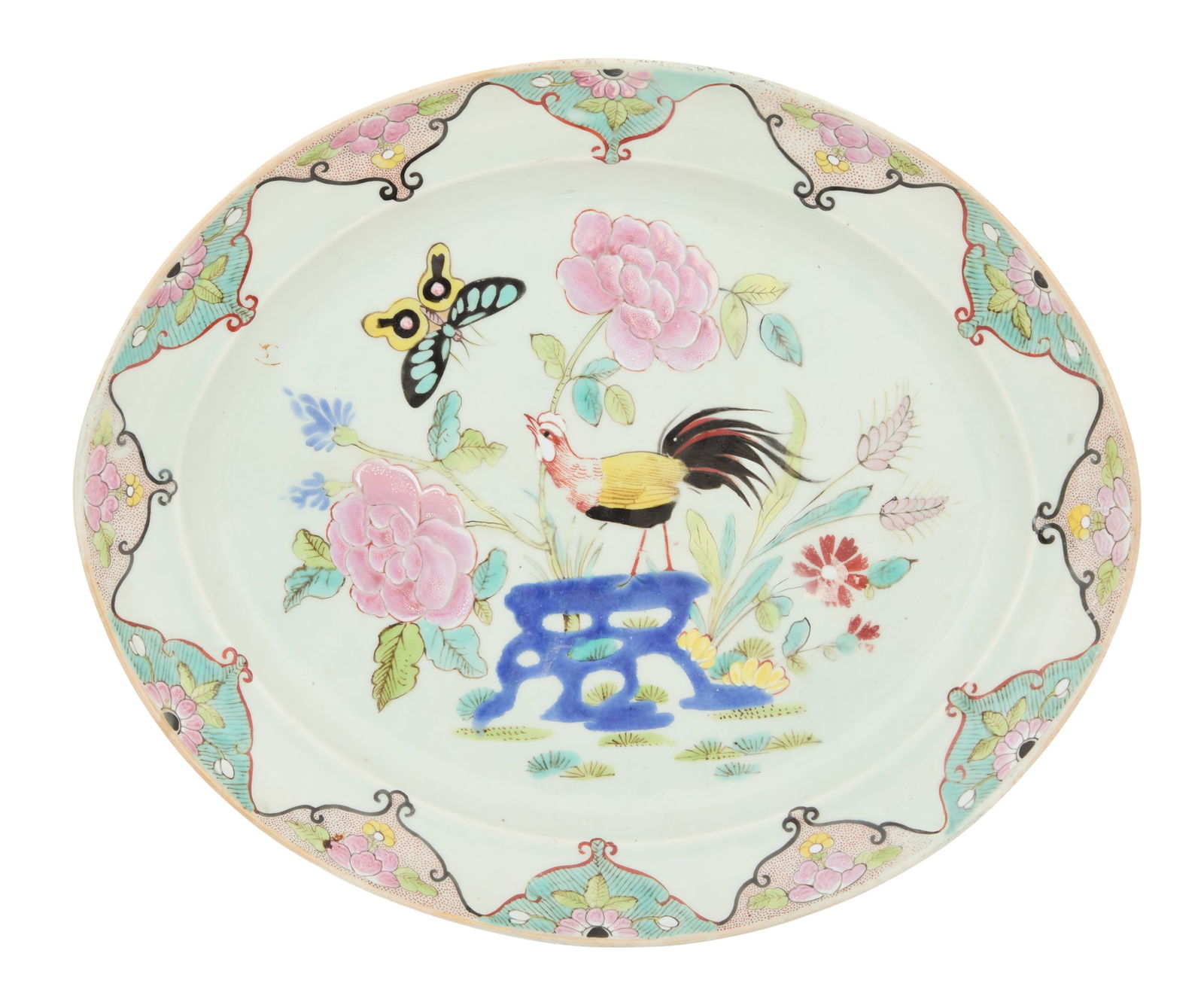 Chinese Export Qianlong Famille Rose Platter: Chinese Export Qianlong Famille Rose Platterca. 1736-1795, the unusual border decorated with flowers in scroll-lined panels, the center panel decorated with a cockerel, butterflies and peonies.w. 14-1