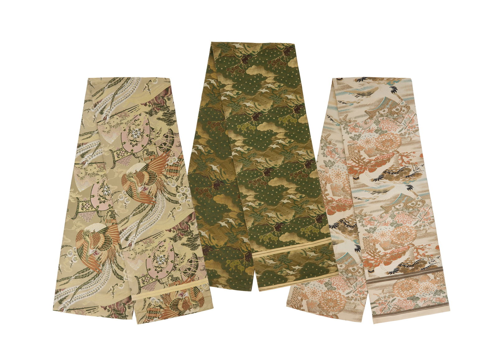 Collection of Three Japanese Silk Obi Scarves: Collection of Three Japanese Silk Obi Scarvesincluding a green example decorated with cranes flying in clouds, w. 13-3/4", l. 152", a champagne, green and lavender example decorated with phoenix birds
