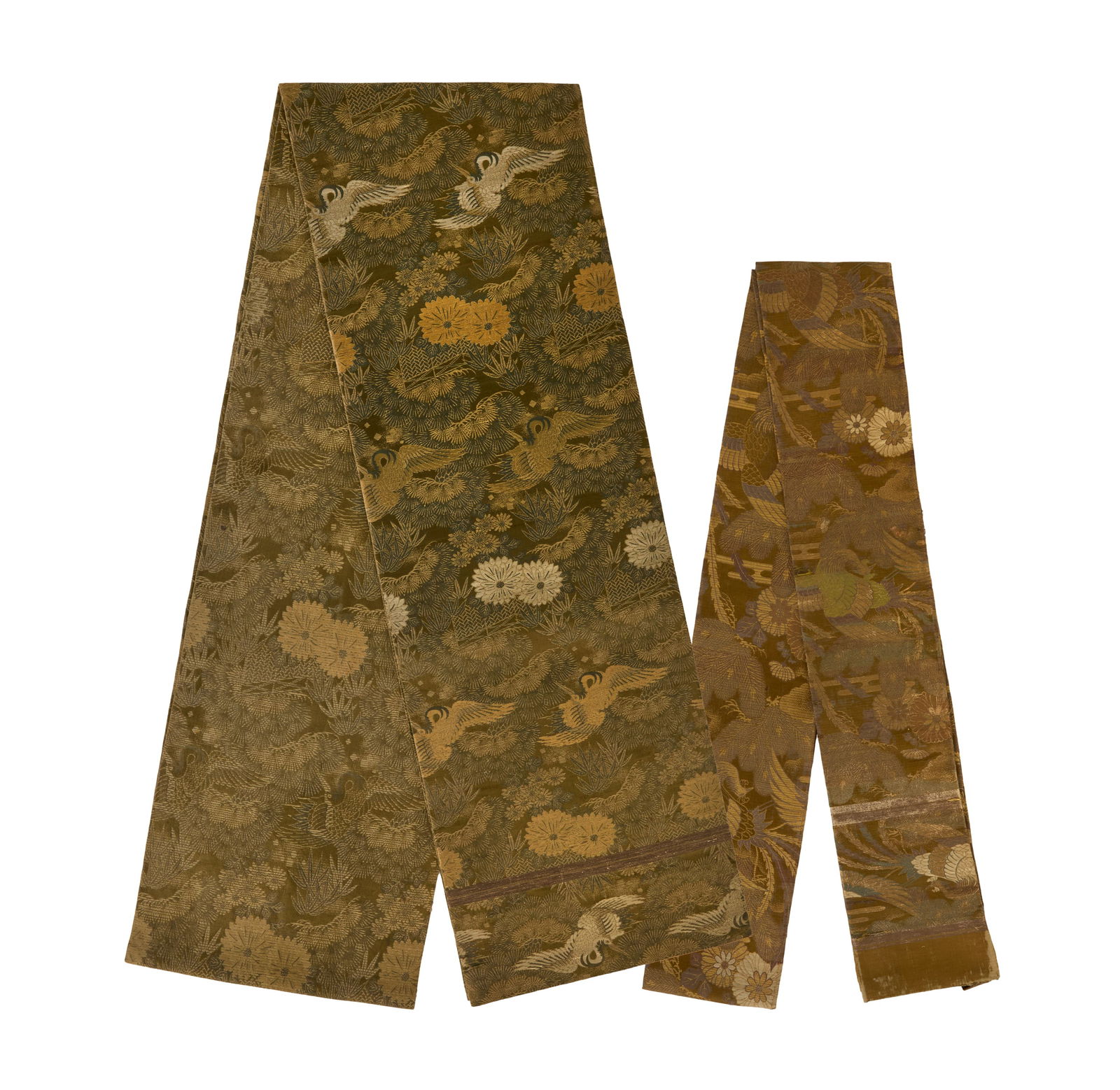 Two Japanese Silk Obi Scarves: Two Japanese Silk Obi Scarvesused as Kimono sashes, the larger example decorated with phoenix birds and chrysanthemums on a ground of bamboo, w. 12", l. 150", and the smaller example decorated with co