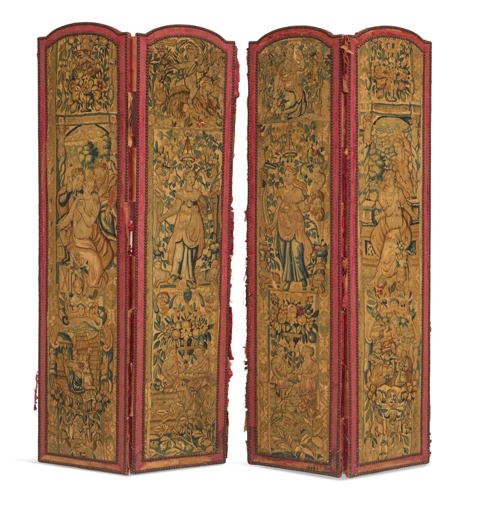 Continental Four-Panel Screen: Continental Four-Panel Screen18th/19th century, the screen with arched tops decorated with tapestry panels in the Flemish taste, depicting various figures in gardens with pairs of putti supporting bou