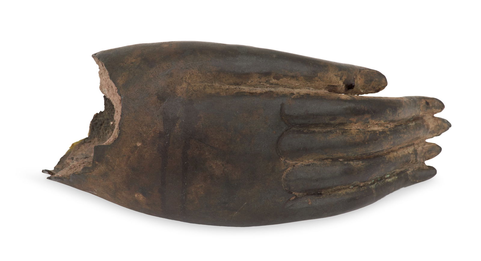 Bronze Buddha Hand: Bronze Buddha Handpossibly Thai, in the style of Sukhothai or Sukhodhaya.h. 3-1/2", l. 10" Provenance: Kiko Galleries, Houston, Texas; the Estate of Ernest Bel Fay, Houston, Texas; by descent the Esta