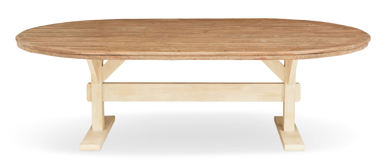 Continental Painted and Pickled Pine Farm Table: Continental Painted and Pickled Pine Farm Table20th century, the oval plank top mounted to a creme-peinte sawbuck base.h. 30-1/2", w. 57", l. 98"