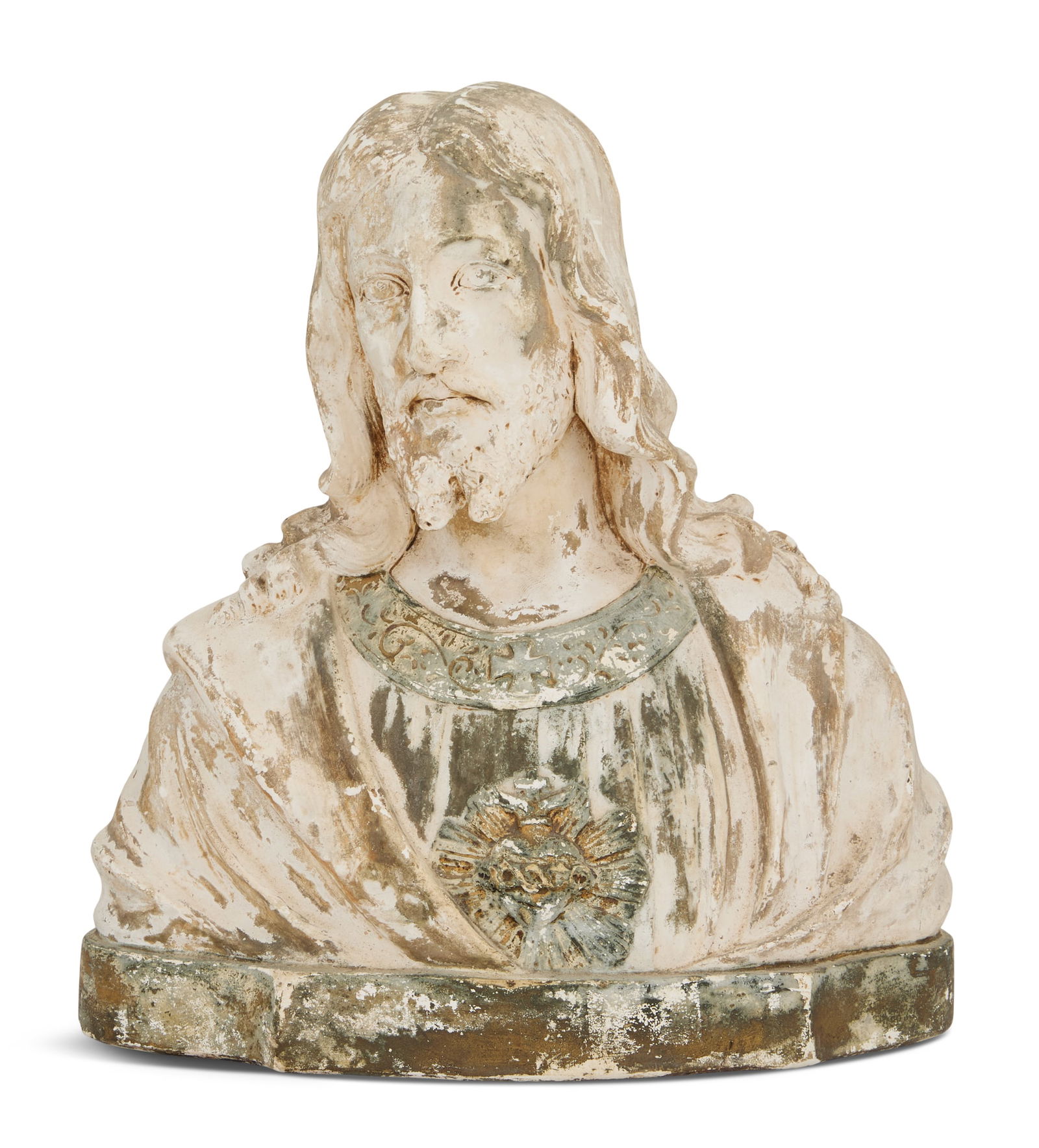 Italian Molded Plaster Bust of Jesus Christ: Italian Molded Plaster Bust of Jesus Christ19th century, Christ modeled with his head canted to one side, dressed in robes with "Sacred Heart of Jesus" on his chest, on a conforming base, impressed "B
