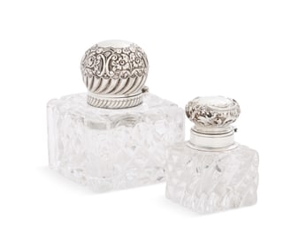 Two Sterling Silver-Capped Glass Inkwells