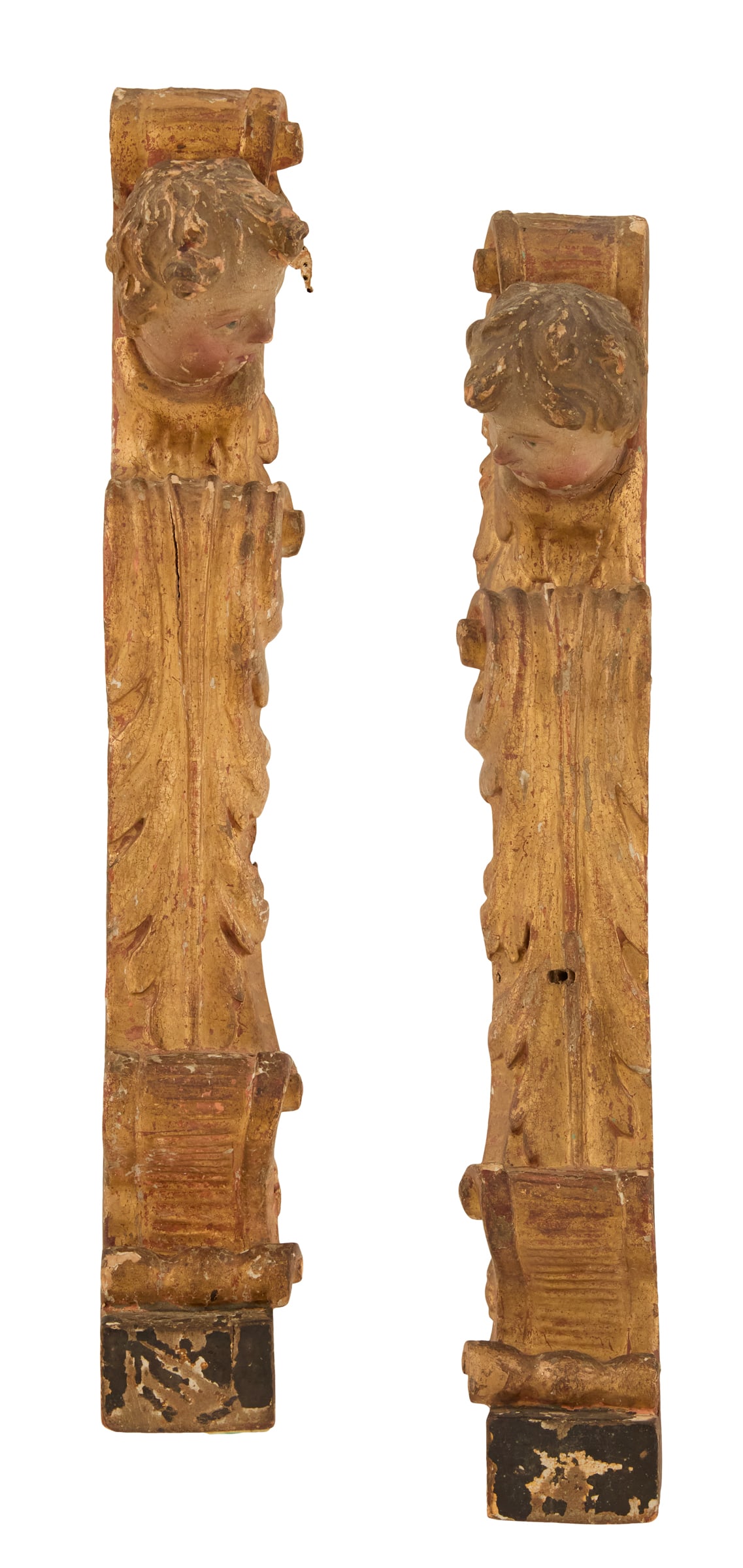 Pair of Italian Giltwood Architectural Fragments: Pair of Italian Giltwood Architectural Fragments19th century, carved with polychrome busts of putti, atop leaf-carved gilt corbels.h. 19-3/4", w. 3-1/4", d. 3" Provenance: Kevin Stone Antiques, The Co