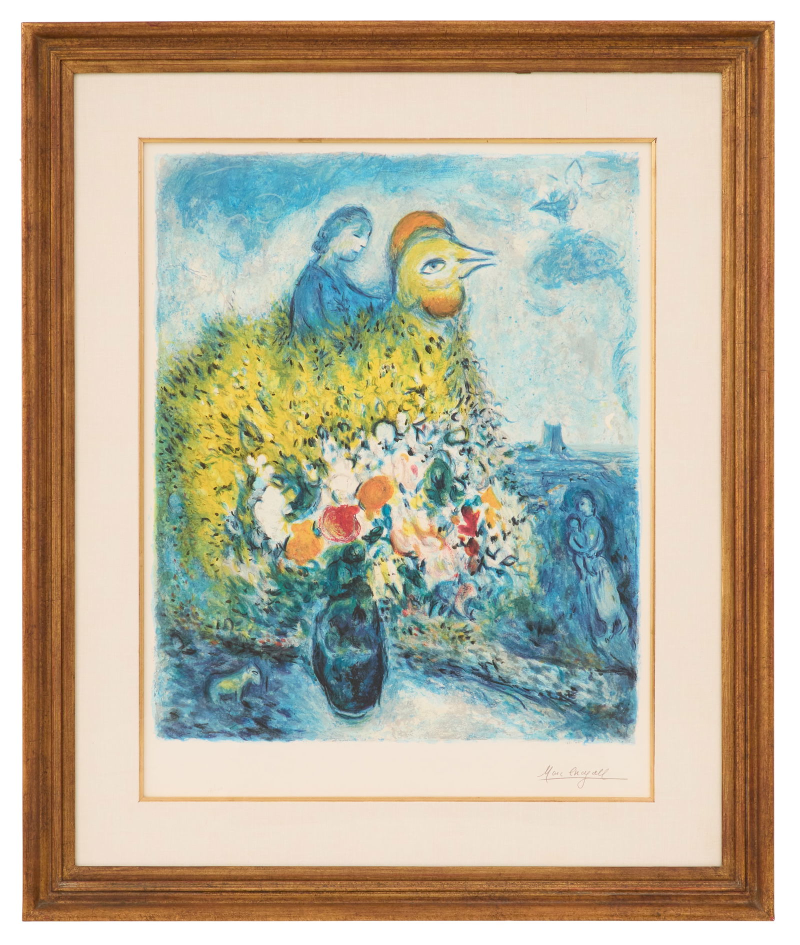 Marc Chagall (Russian/French, 1887-1985): Marc Chagall(Russian/French, 1887-1985)"Le Coq Avec le Bouquet Jaune"lithograph in colorsfacsimile-signed lower right and numbered "18/500" lower left.Matted, glazed and framed.23" x 30-1/2", framed 3