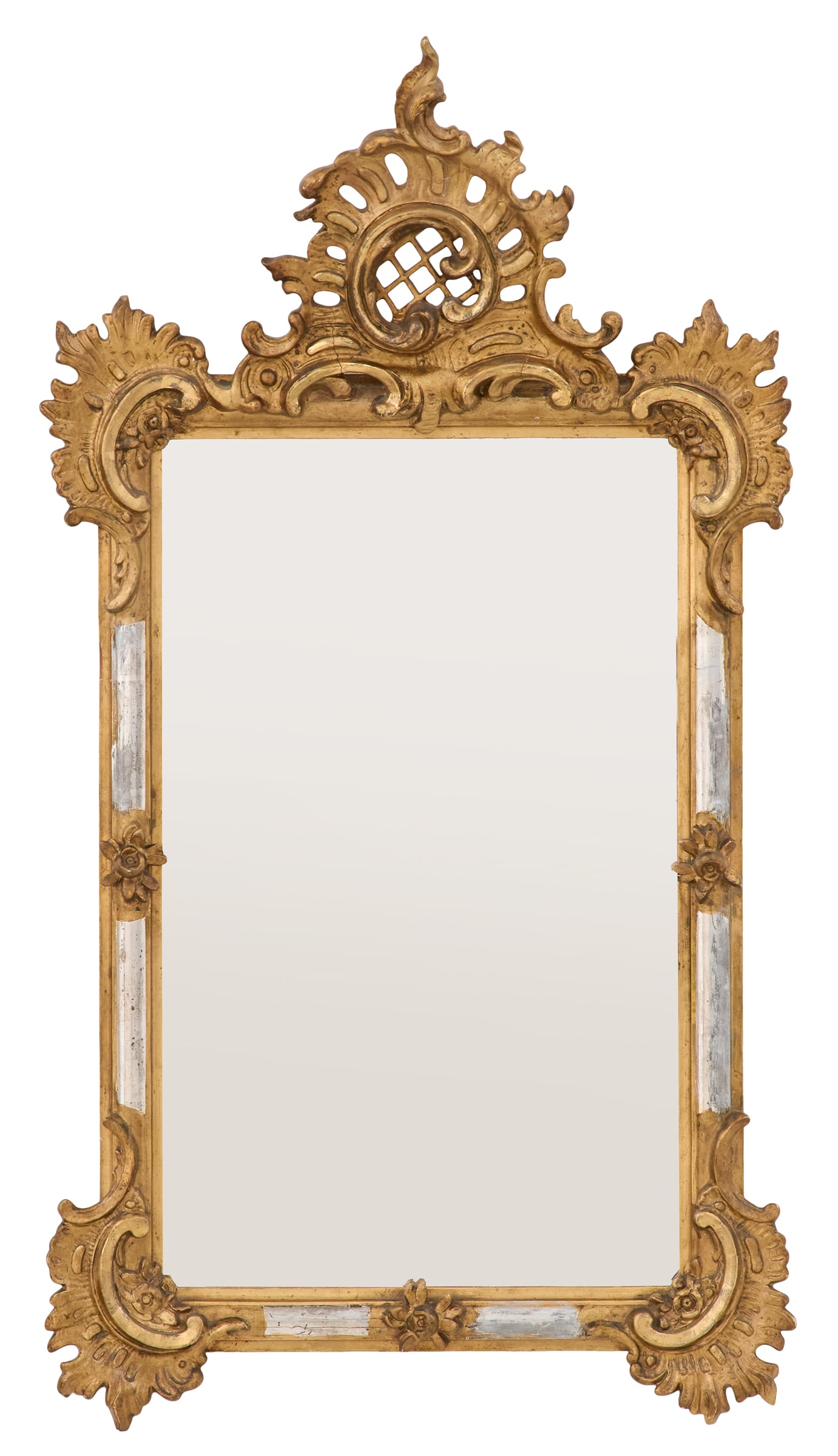 French Gilt and Silver-Leaf Mirror: French Gilt and Silver-Leaf Mirror in the Rococo Tasteearly 20th century, the pierced crest with rocaille-framed scrollwork, the sides with silver-gilt panels with carved flowers, set with a beveled m
