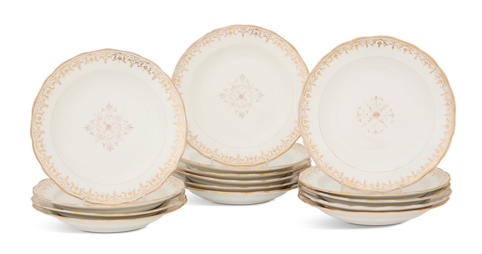 Set of Fifteen Meissen Porcelain Dinner Plates: Set of Fifteen Meissen Porcelain Dinner Platesca. 1860-1924, decorated with square center medallions and gilt scrolled borders, with blue underglazed crossed swords.dia. 9-3/4" Provenance: The Estate