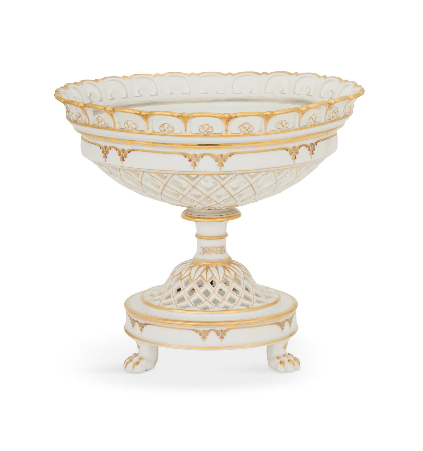 Paris Porcelain Corbeille: Paris Porcelain Corbeillesecond quarter 19th century, likely Edouard Honore, with an unusual molded upper border and matching gilt trim, decorated with biscuit laurel leaves, on paw feet.h. 9-1/2", di