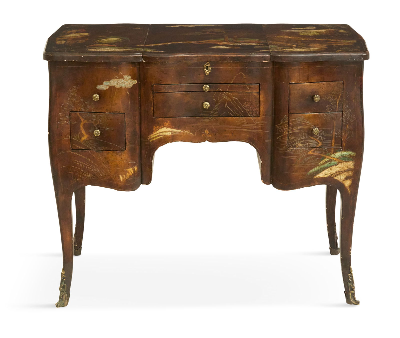 Louis XVI-Style Polychrome Dressing Table: Louis XVI-Style Polychrome Dressing Tablelate 19th century, the top with three lift lids, the center lid fitted with a mirror, over a pull-out work slide and two drawers to each side, the whole painte