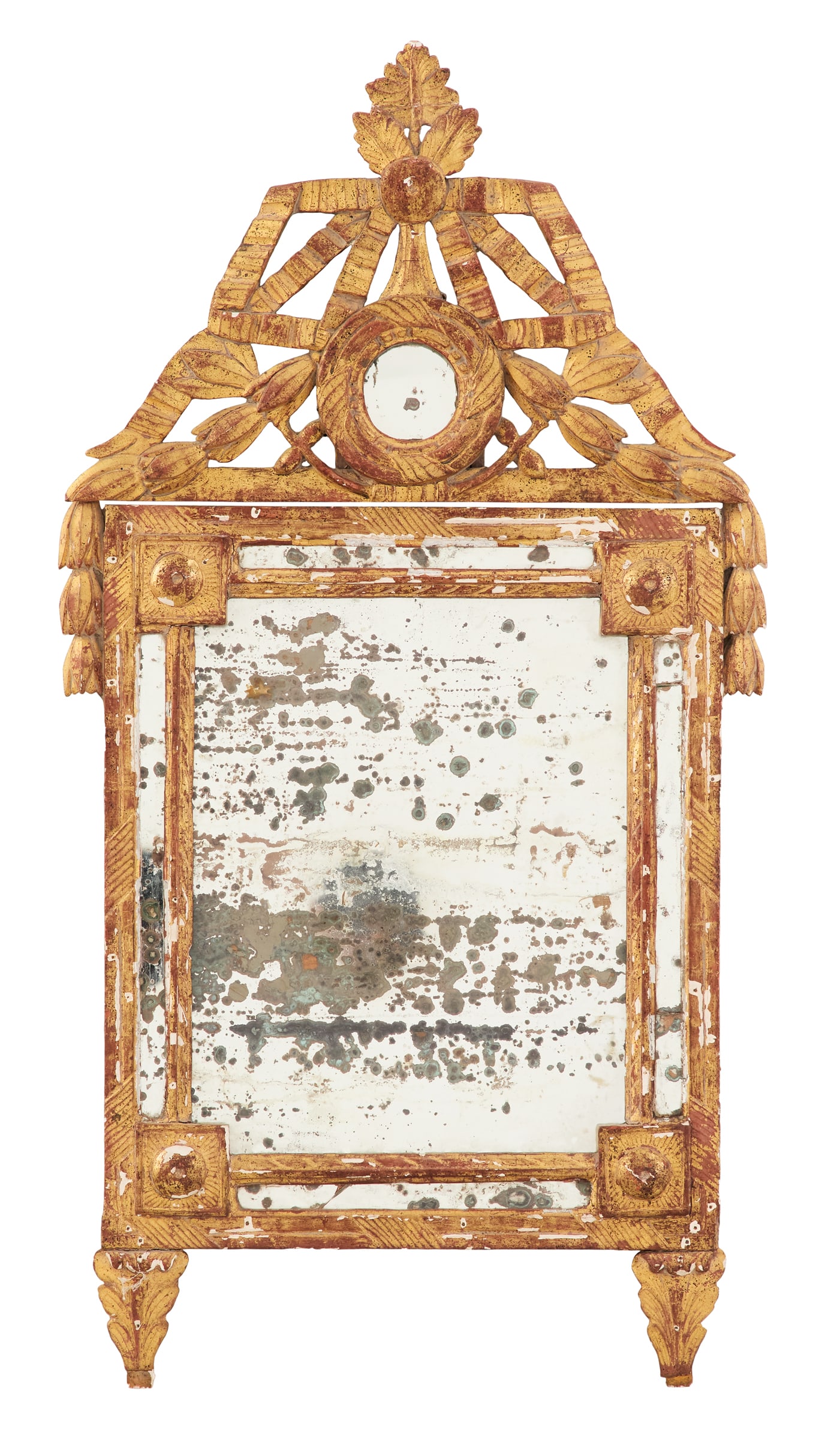 Neoclassical Giltwood Mirror: Neoclassical Giltwood Mirrorlate 18th century, the pierced crest with a mirrored "porthole", supported by pierced bowknots and bellflower swags, the surround with mirror insets and corner medallions,