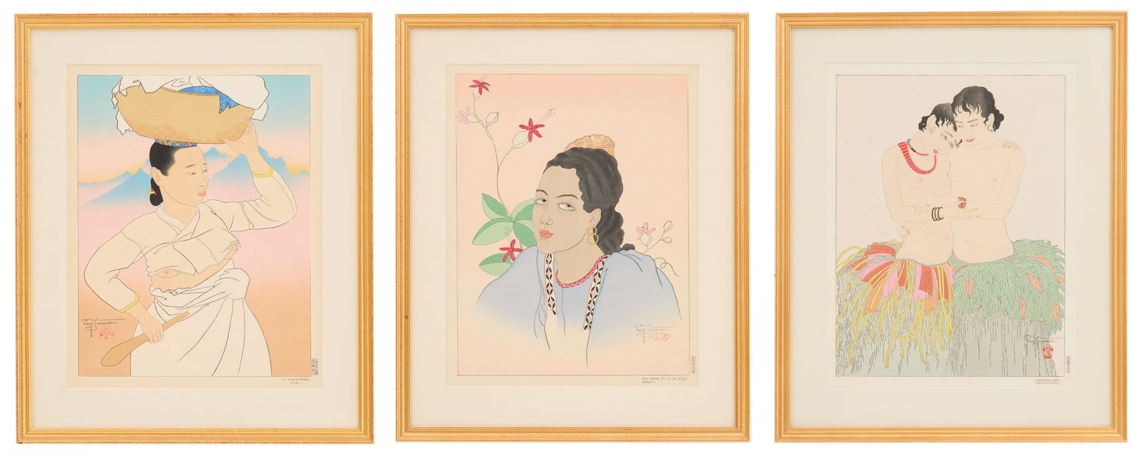 Paul Jacoulet (French/Japanese, 1896-1960): Paul Jacoulet(French/Japanese, 1896-1960)"La Blanchisseuse""Une Jeunes Filles des Fidji""Yagouroh et Mio"three color woodblock prints on papereach signed lower left or right and printed titles lower r