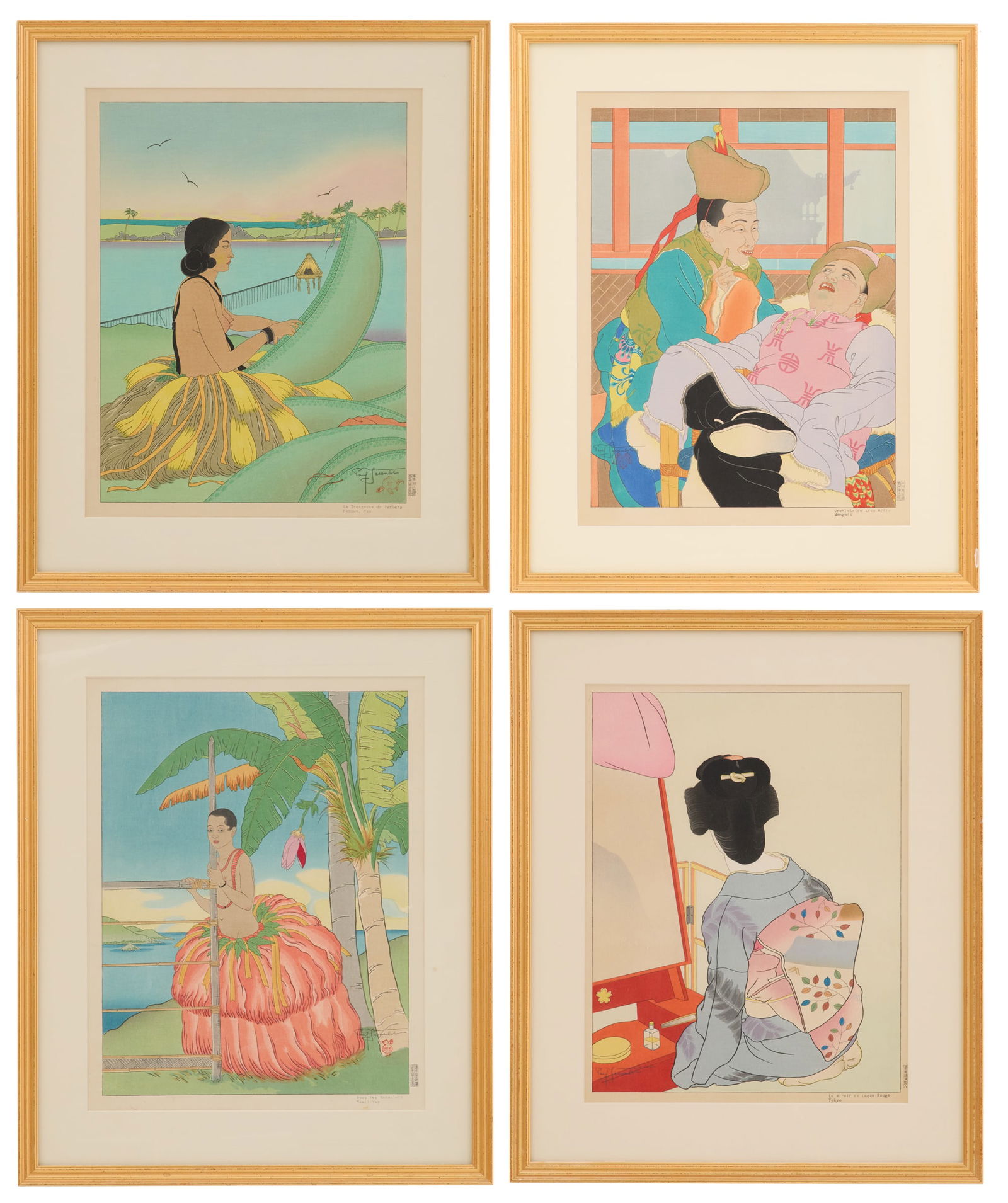 Paul Jacoulet, four woodblock prints: Paul Jacoulet(French/Japanese, 1896-1960)"Le Miroir de Laque Rouge""La Tresseuse de Paniers""Une Histoire Drole""Sous les Bananiers"four color woodblock prints on papereach signed lower left or right