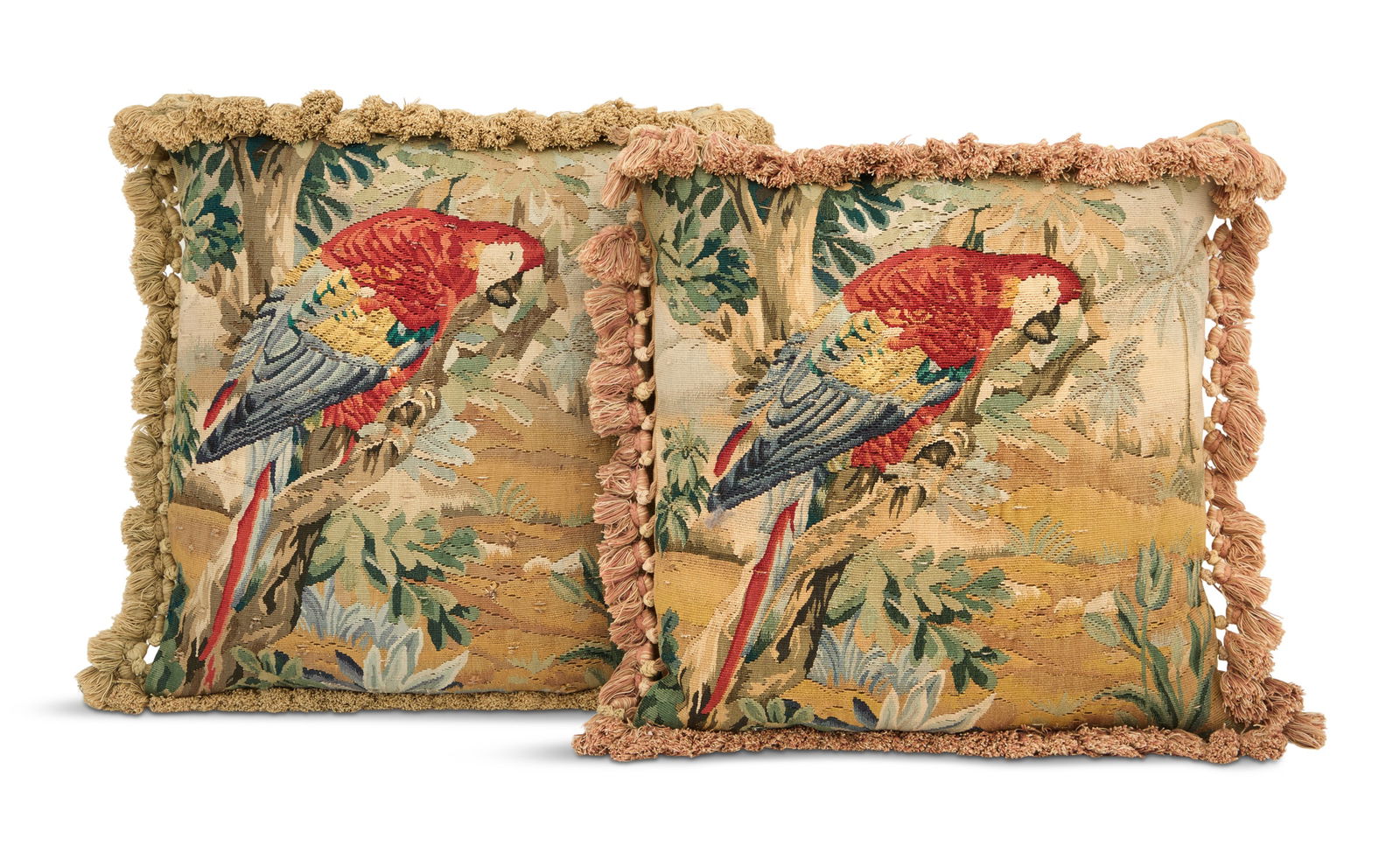 Pair of Custom Aubusson Pillows: Pair of Custom Aubusson Pillowsdecorated with Aubusson fragments, the sides with ball fringe and backed with tan velvet.w. 18-1/2", l. 14-1/2"