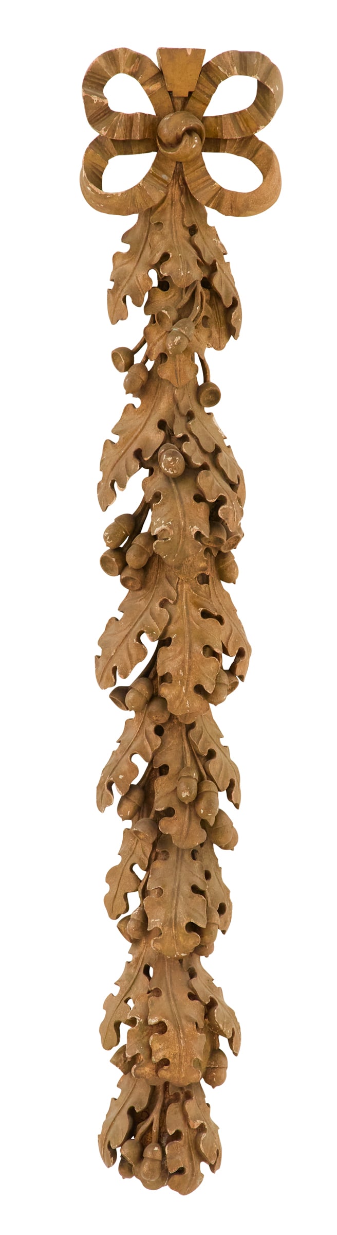 Carved Oak Swag of Leaves and Acorns: Carved Oak Swag of Leaves and Acorns19th century, the giltwood swag decorated with green paint, the crest with a bowknot finial.h. 35-3/4", w. 5-1/4", d. 3-3/4" Provenance: Kevin Stone Antiques, The C