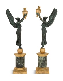 Pair of French Bronze and Marble Taper Sticks
