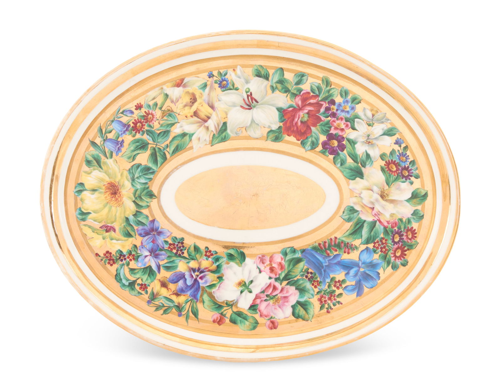 Hand-Painted Porcelain Tray: Hand-Painted Porcelain Tray 19th century, in the Royal Vienna style, the oval tray with a blue "Bindenshild" beehive mark on the back. w. 16-1/2", d. 13" Provenance: Kevin Stone Antiques, The