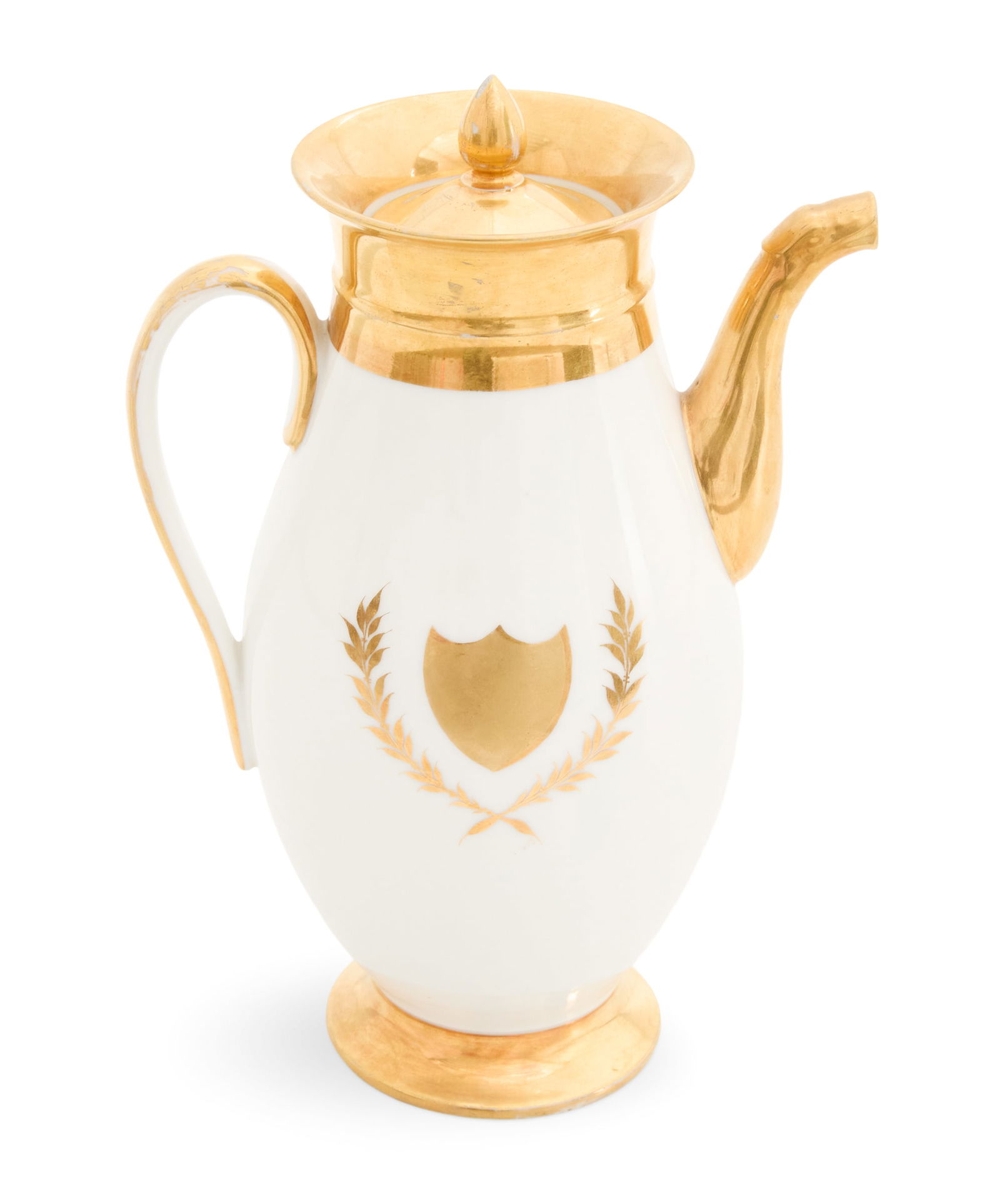 Handsome Paris Porcelain Coffeepot: Handsome Paris Porcelain Coffeepot second quarter 19th century, decorated with a gilt shield framed with laurel branches. h. 11", w. 7", d. 4-3/4" Provenance: Kevin Stone Antiques, The Collection